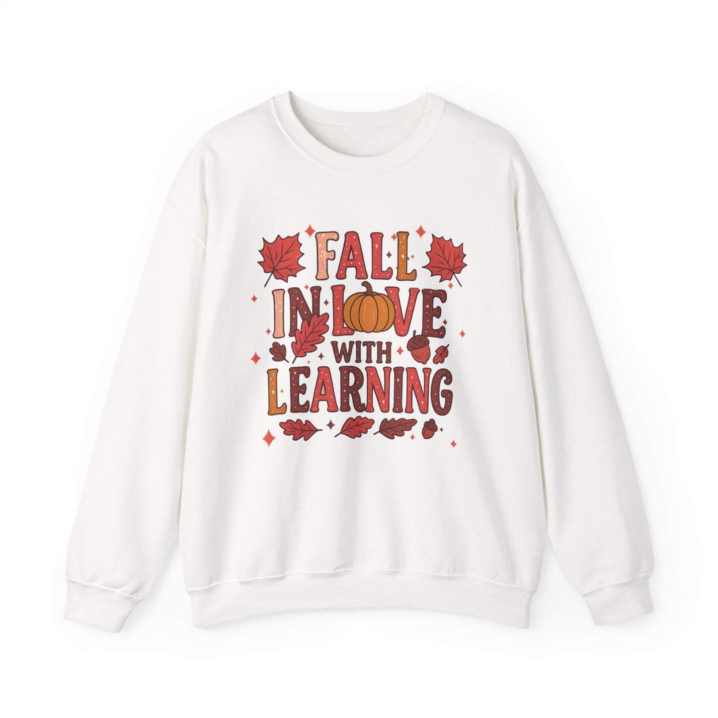 Fall in Love with Learning Crewneck Sweatshirt - Cozy Unisex Fall Apparel, Autumn Gift, Teacher Gift, Seasonal Fashion