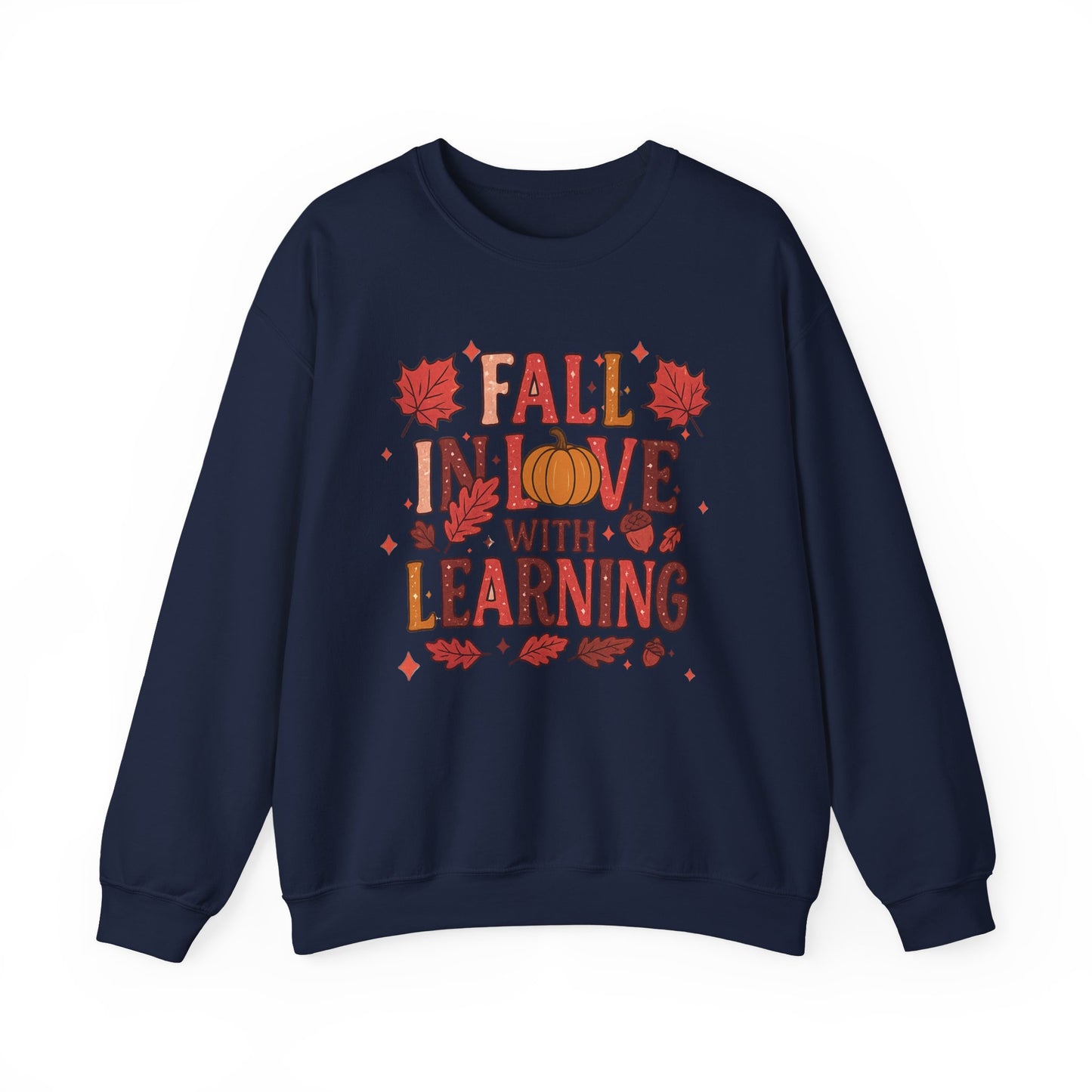 Fall in Love with Learning Crewneck Sweatshirt - Cozy Unisex Fall Apparel, Autumn Gift, Teacher Gift, Seasonal Fashion