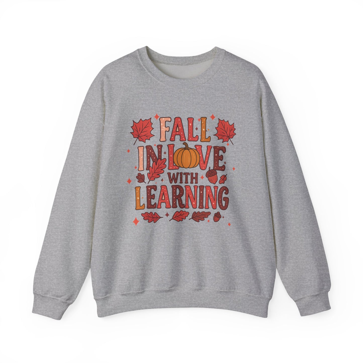 Fall in Love with Learning Crewneck Sweatshirt - Cozy Unisex Fall Apparel, Autumn Gift, Teacher Gift, Seasonal Fashion