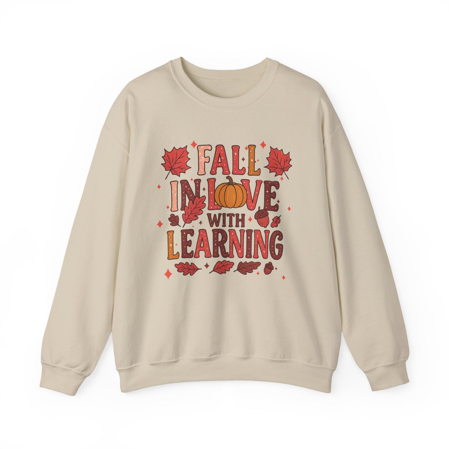 Fall in Love with Learning Crewneck Sweatshirt - Cozy Unisex Fall Apparel, Autumn Gift, Teacher Gift, Seasonal Fashion